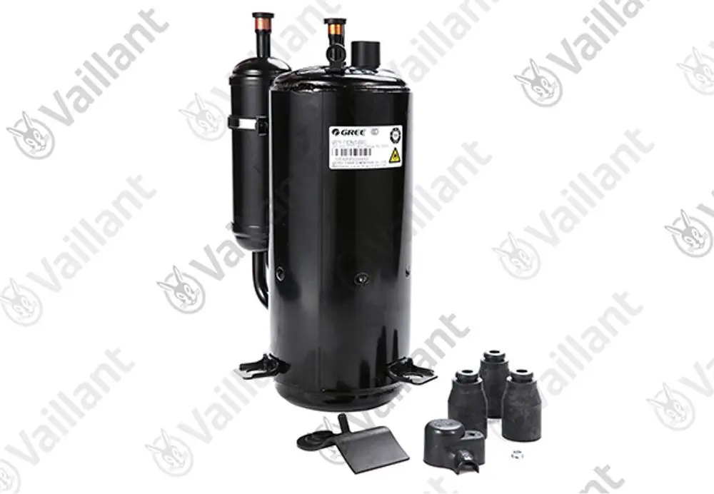 Vaillant Kompressor für Klimaanlagen, schwarz mit zwei Rohranschlüssen an der Oberseite, montiert auf einer Basis. Neben dem Kompressor sind verschiedene Gummipuffer zu sehen.